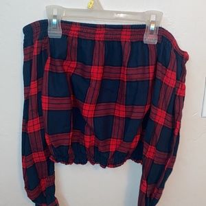 Garage plaid off the shoulder long sleeve cropped top